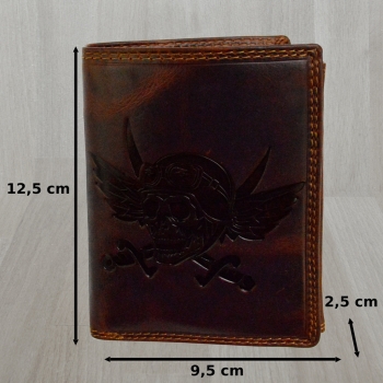 flevado Herren Geldbörse Biker Börse mit Totenkopf Vintage Leder RFID Schutz (braun)